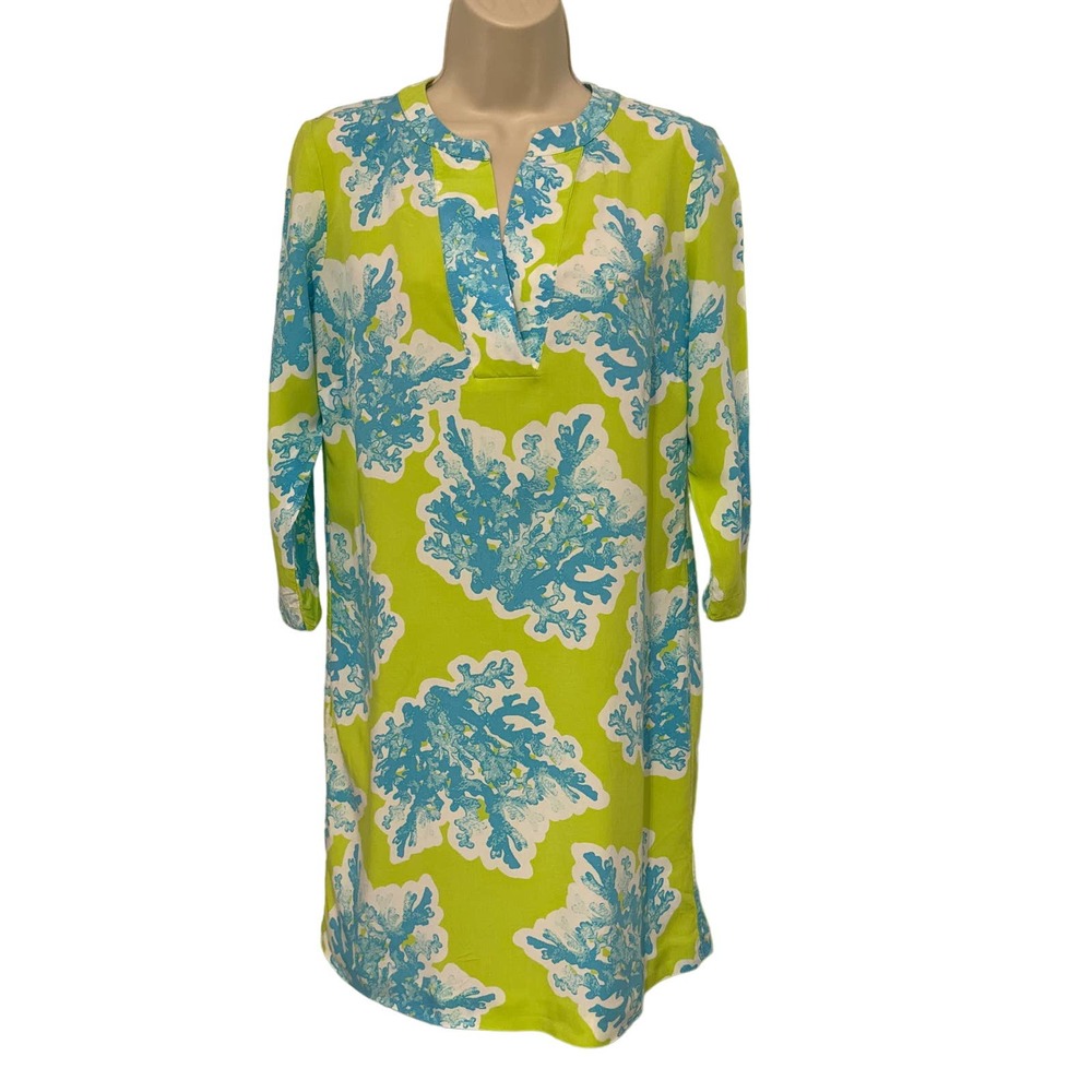 Crown & Ivy Coral Reef Print Shift Dress Lime Green Blue Size 4 3/4 Sleeve